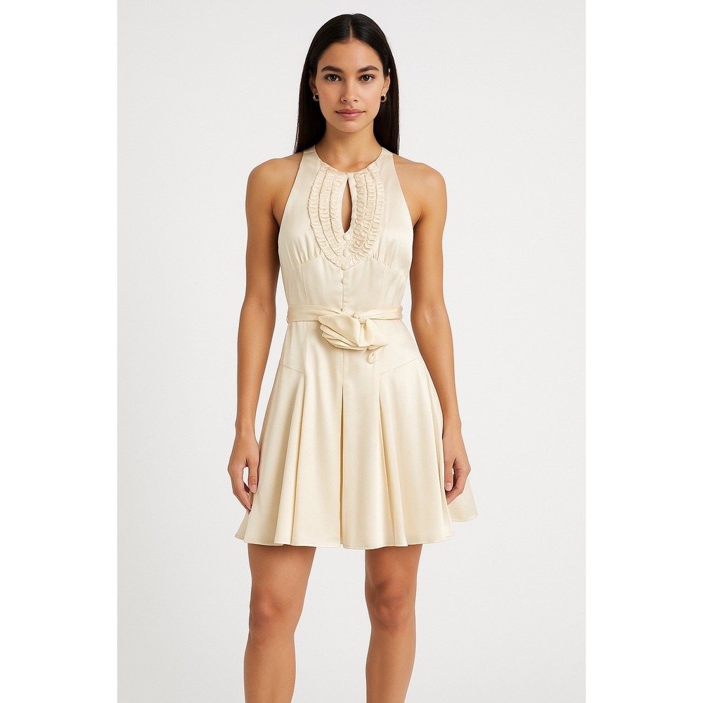 Bebe Cream Mini Dress Silk Blend Ruffle Halter Sleeveless Party Cocktail Size S
